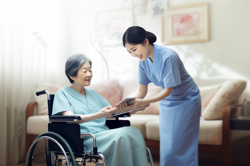 女护工记录坐轮椅老人的健康状态实拍图,高清,摄影图,摄影图片,图片大全,摄影图免费下载